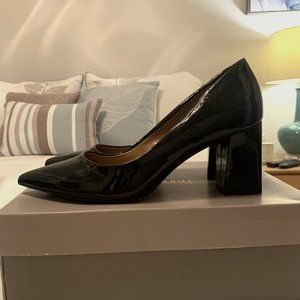 14th & Union Audrey Black Faux Patent Pointed Toe Block Heel Pump